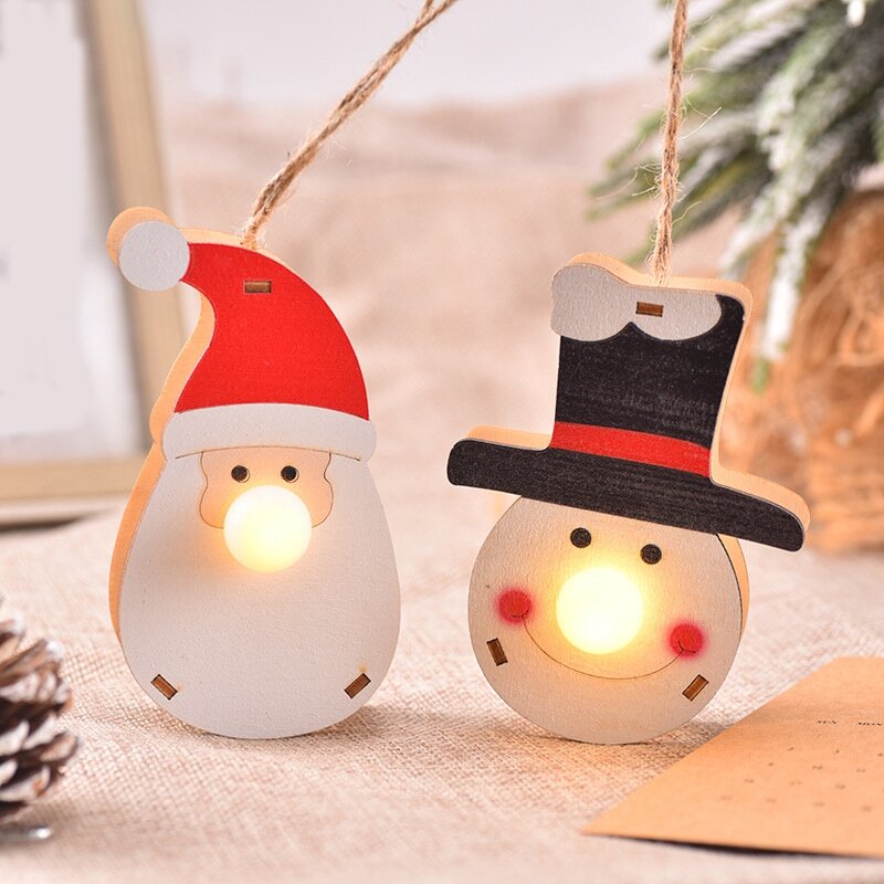 Ornaments Tree Lights Elk-Decor Hanging Light For Snowman-Pendants Wooden Cartoon Luminous Decor