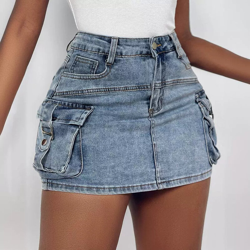 Pocket Design Buckled Denim Skirt Women High Waist Short Mini Skirt Sexy Summer Fashion