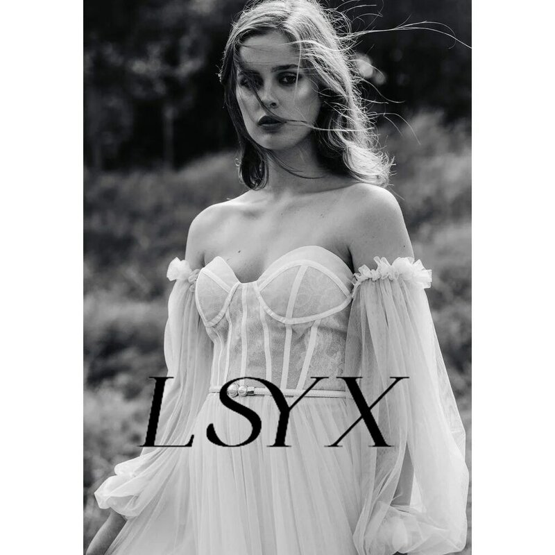 Lsyx ชุดแต่งงานผู้หญิงผ้าทูลเปิดไหล่ลายลูกไม้ลวงตาชุดราตรีเจ้าสาวยาวถึงพื้นทรงเอไลน์ผลิตตามสั่ง