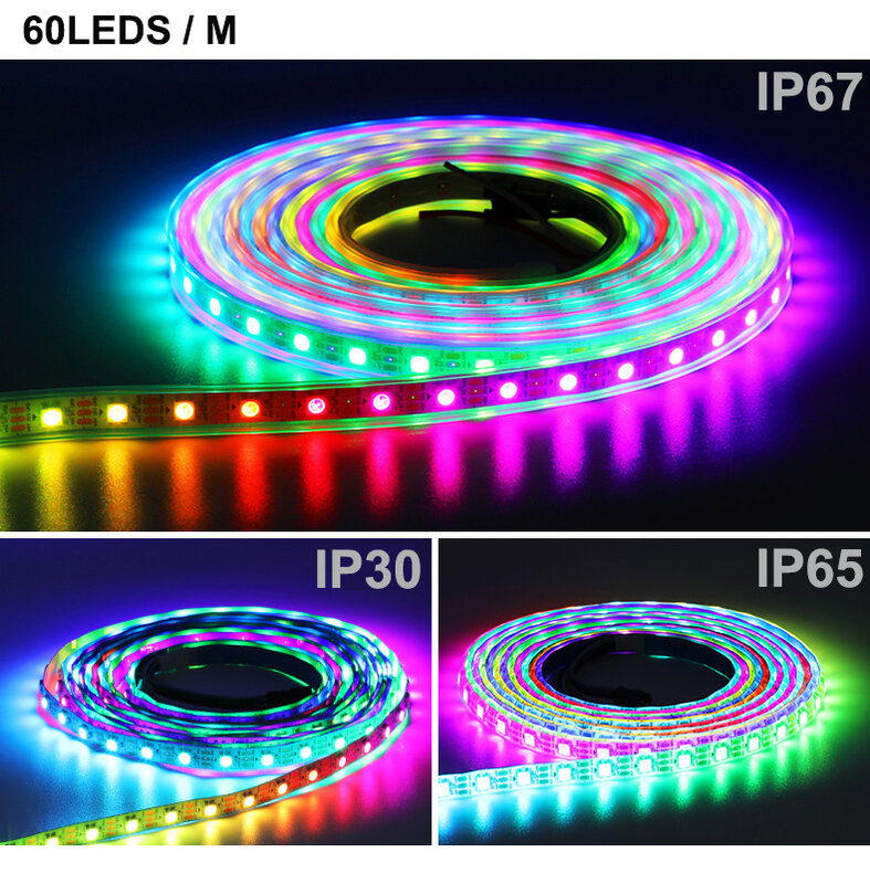 Tira de luces LED WS2812B 2815 SK6812 RGBW RGBWW SMD5050, 4 en 1, 60LED/m, cinta de píxeles direccionable, PCB Blanco/Negro, IP30, IP65, IP67