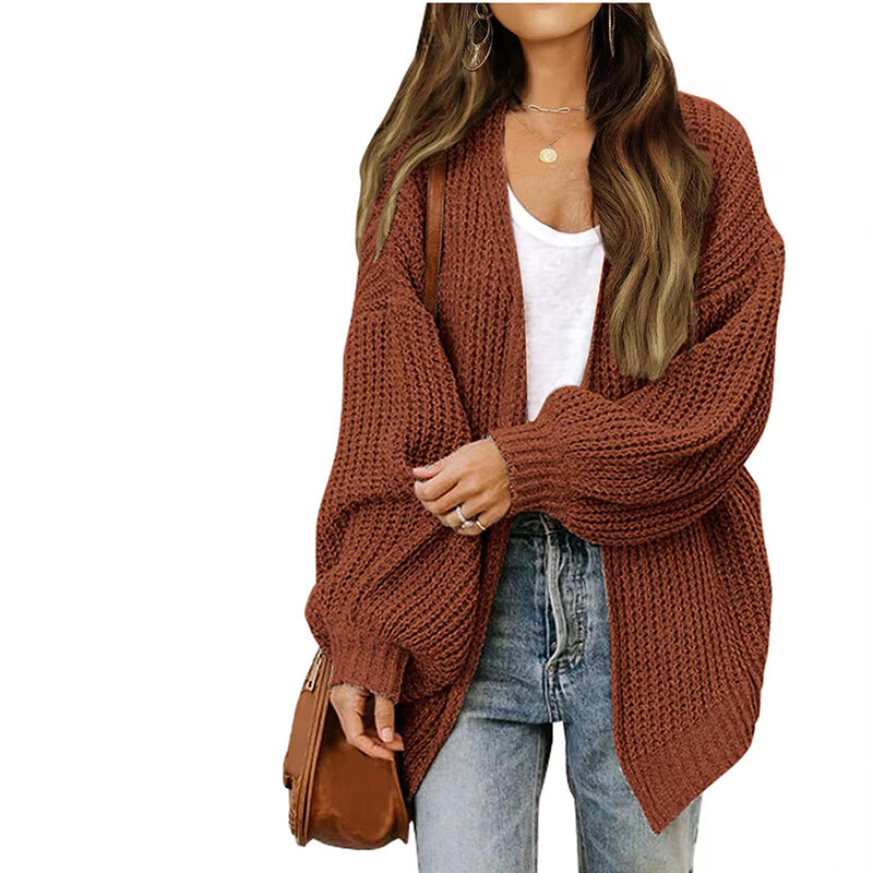 VOLALO kardigan Solid wanita, mantel Sweater longgar kasual lengan lentera rajutan untuk 2024 musim gugur dan musim dingin