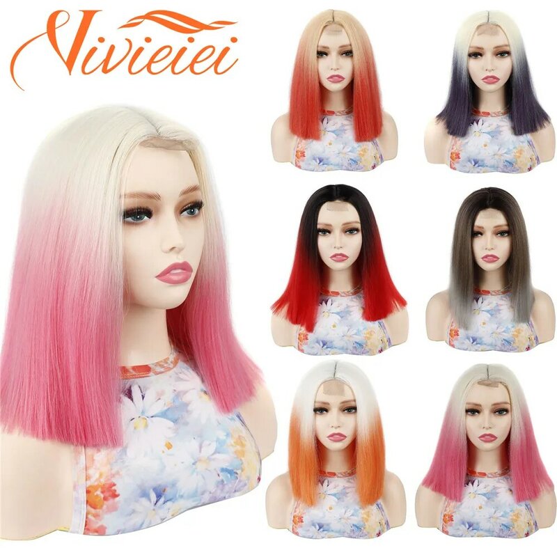 Vivieiei perucas sintéticas peruca curta loira reta bob peruca para as mulheres parte do meio laço frente ombre loira rosa laranja cosplay cabelo