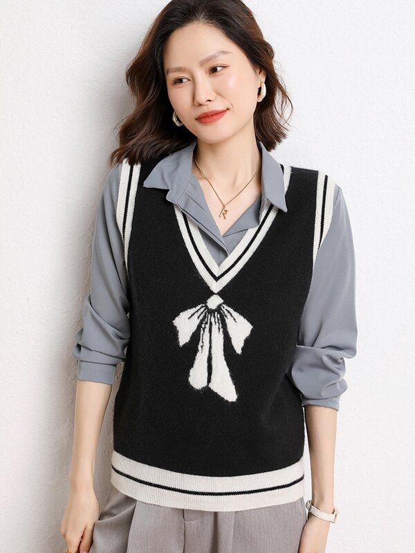 เสื้อกั๊กแคชเมียร์คอวี100% สำหรับผู้หญิงเสื้อถักแจ็คการ์ดผูกโบว์เสื้อกั๊กเสื้อกันหนาวสตรีแขนกุดสไตล์เกาหลี