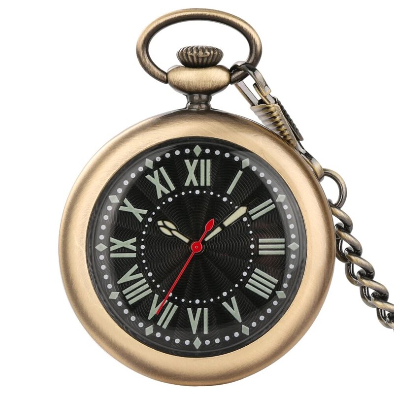 로마 야광 쿼츠 포켓 시계 남녀공용, 캡리스 펜던트 체인 시계, 브론즈 및 블랙 야광 시계, 빈티지 수집품 선물