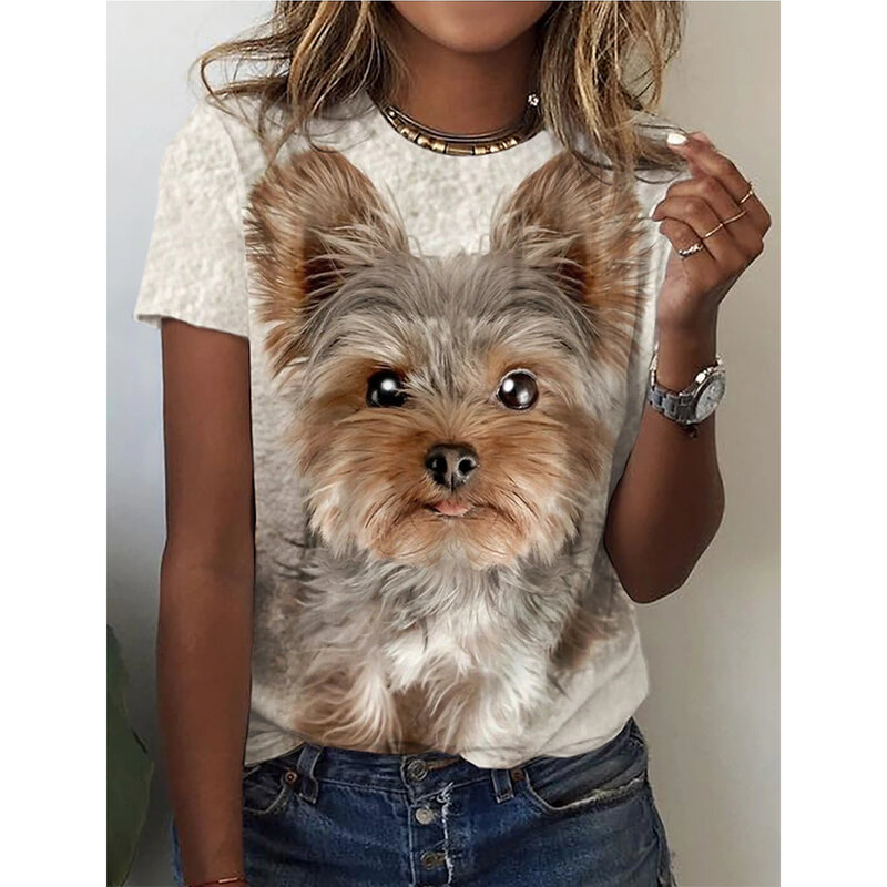 T-shirt imprimé chien et chat 3D pour femmes, t-shirts à la mode, haut à col rond, vêtements féminins, été, Kawaii, respirant, Y-Harujuku, 2024