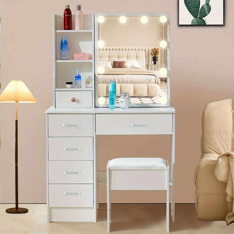 1 set of LED light-emitting dressing table, adjustable 3 kinds of brightness, white with drawer dressing table and 5 drawer upho