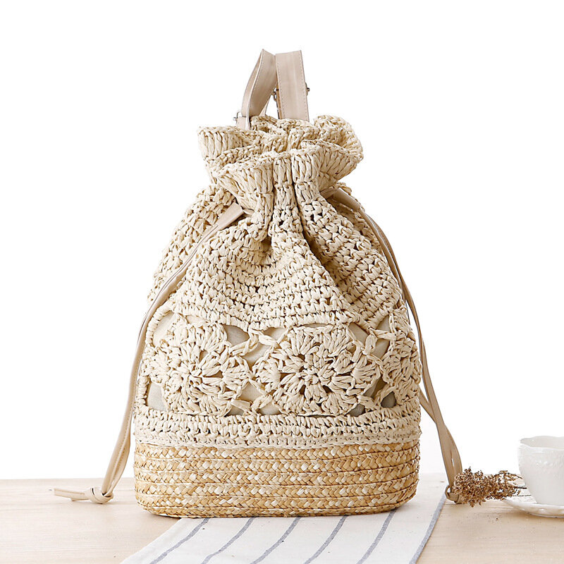 Женский соломенный пляжный рюкзак ручной работы, плетеный ажурный ранец на шнурке, модные богемные модные дамские сумочки на плечо