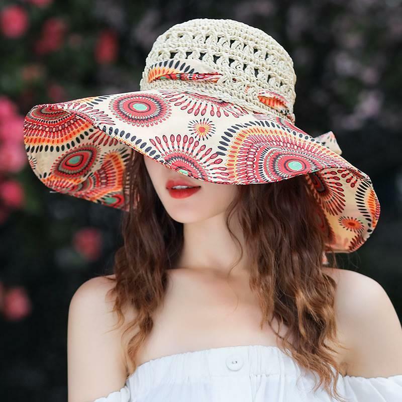 Topi jerami tepi lebar besar wanita topi pantai wanita besar musim panas 2023 perlindungan UV dapat dilipat topi naungan matahari Fashion baru