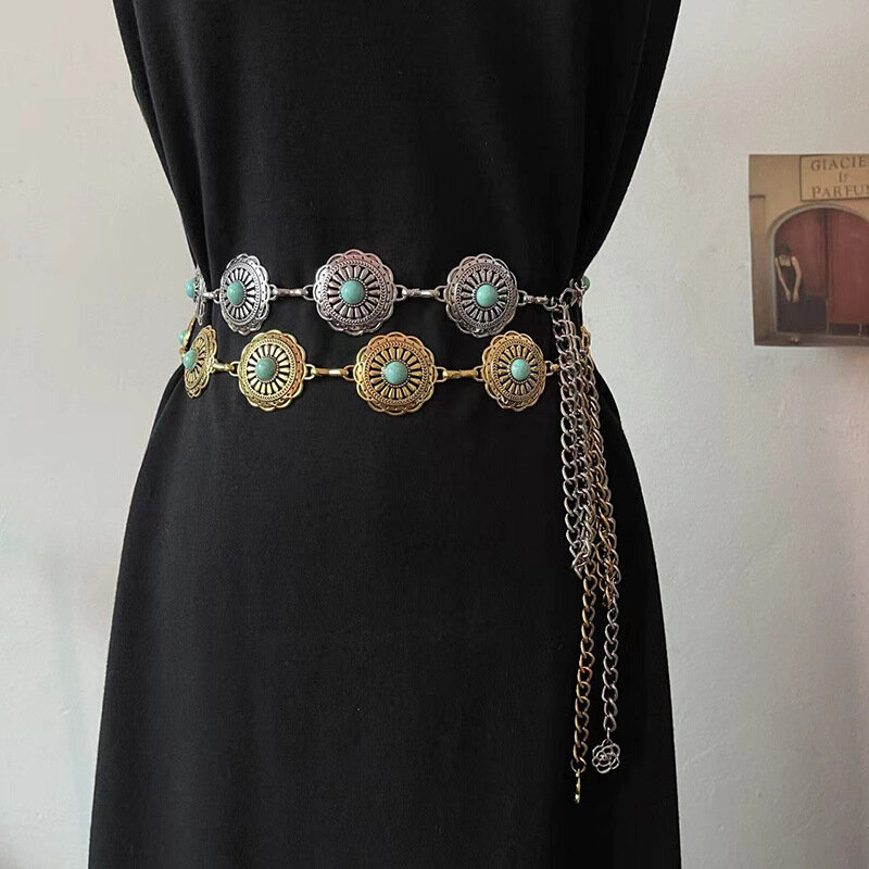 Summer retro round waist chain versatile dress with decorative waistband