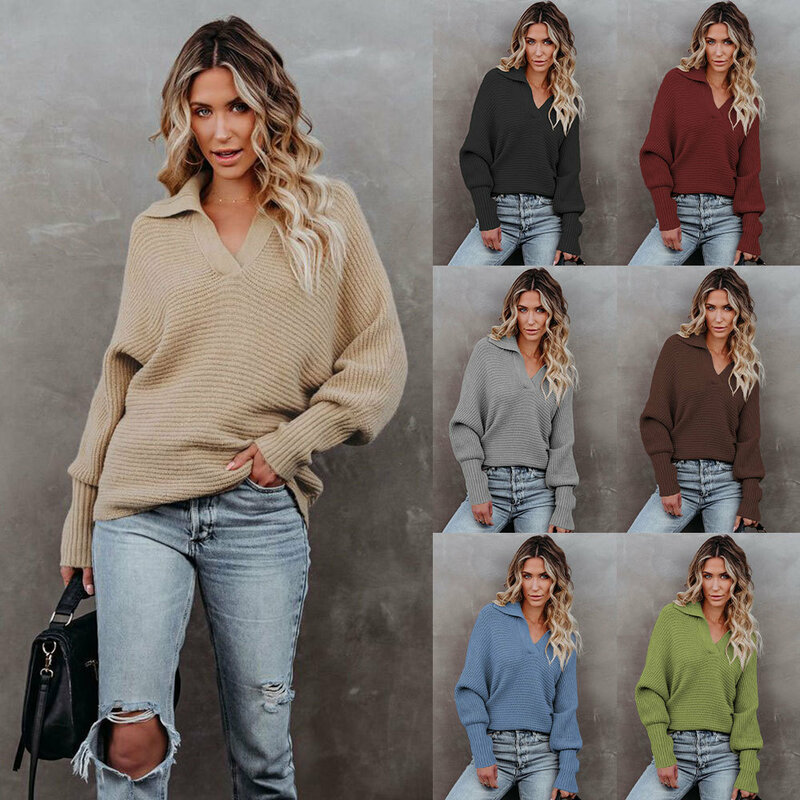 Loose Pullover Polo Sweater 2022 Autumn/Winter Women's Fashion Elegant Warm Comfortable Long Sleeve Solid Color Knit