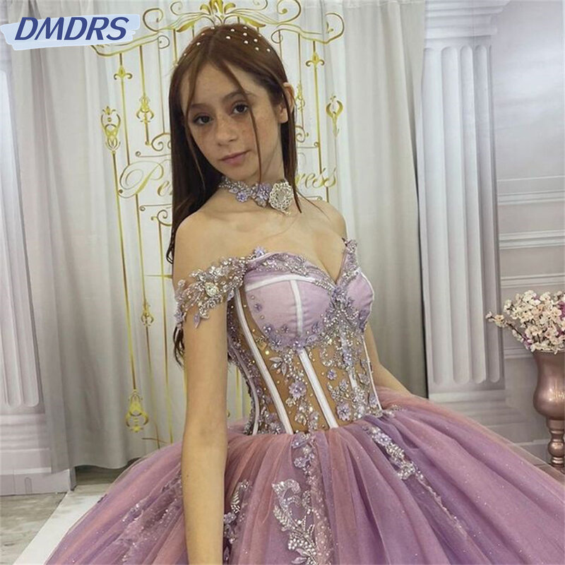 Elegante vestido de baile fora do ombro, Vestidos Quinceanera Lavanda Glitter, Sweet 16 Princess Lace Beads Prom Gowns, 15