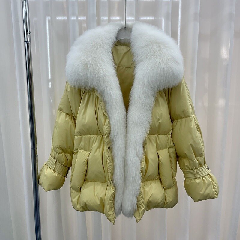 Женское пальто из 2023 натурального Лисьего меха, Съемная куртка из натурального меха, женская зимняя куртка на белом утином пуху, свободная теплая Модная Повседневная парка