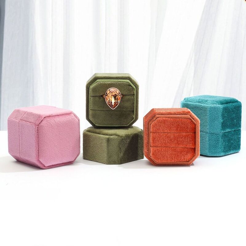 Joyero de terciopelo portátil, caja de exhibición de anillo cuadrada octagonal exquisita con tapa desmontable, caja de embalaje para boda