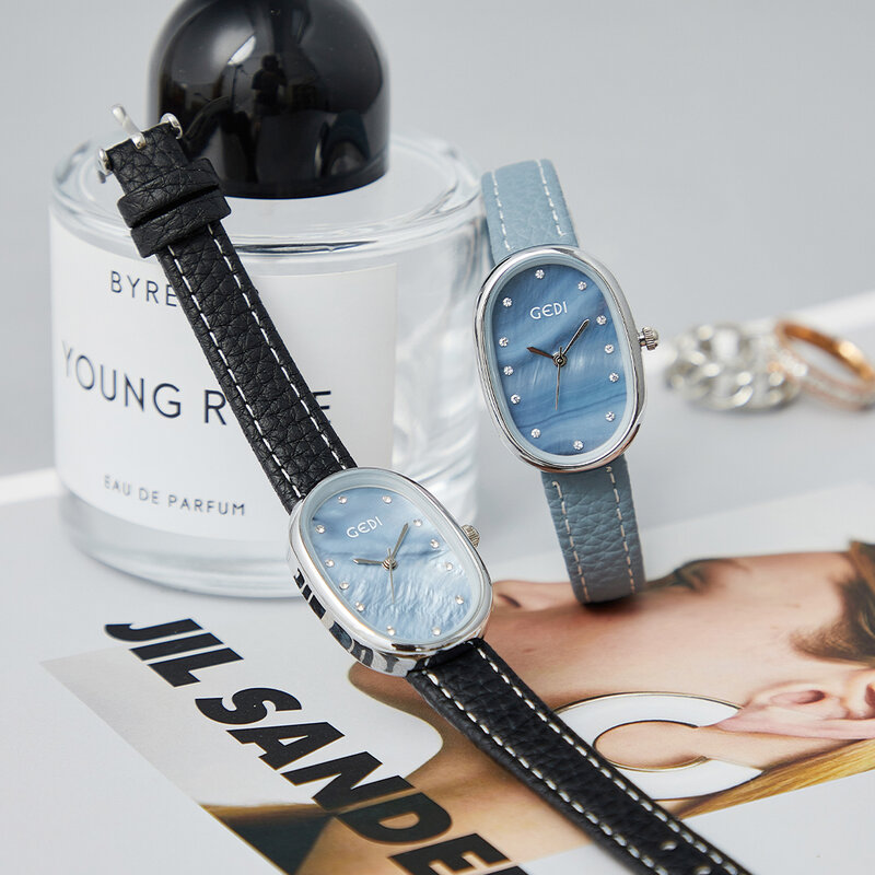 GEDI jam tangan wanita, jam tangan wanita elegan modis minimalis tali kulit lembut skala berlian tahan air mewah kuarsa
