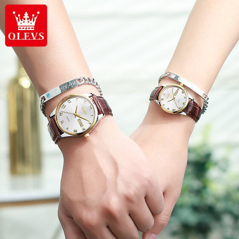 OLEVS นาฬิกาข้อมือคู่ระบบควอตซ์ของแท้, นาฬิกาสแตนเลสสตีลหรูหราสำหรับผู้หญิงและกันน้ำผู้ชายพร้อมปฏิทินคู่เรืองแสง