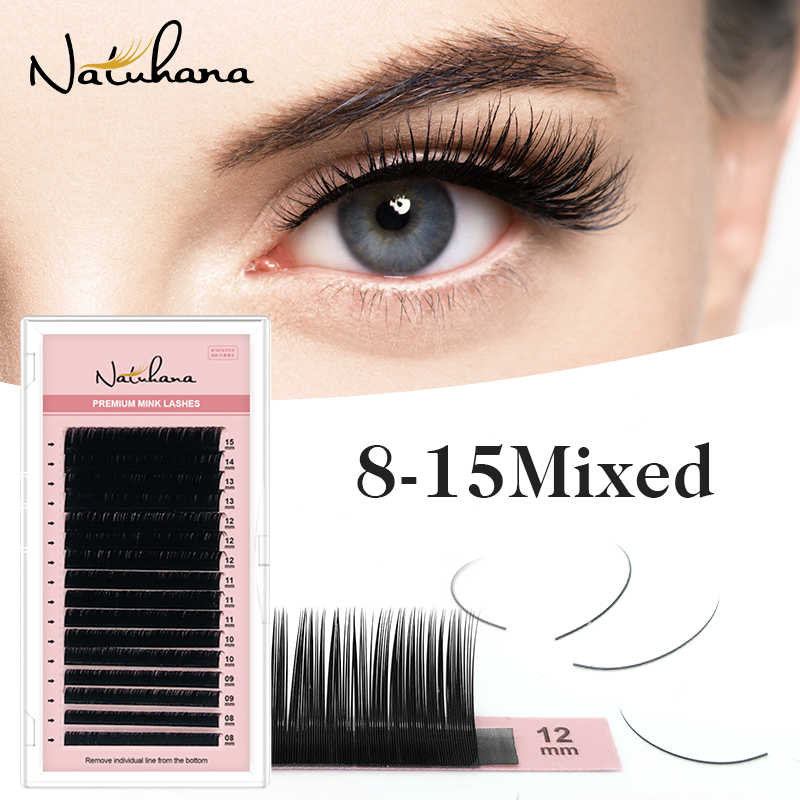 NATUHANA 5 Cases/Lot 16rows 8~25mm Mix Custom Mink Eyelash Extension Dlux Natural Soft False Mink Lashes Cilia Makeup Cilios