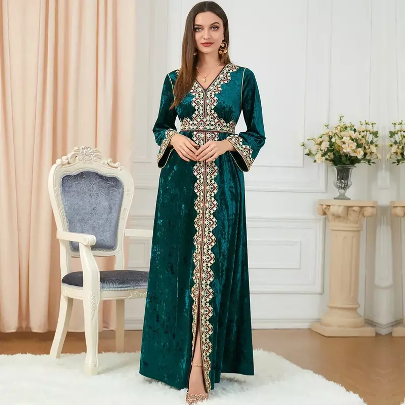 Vestido bordado veludo muçulmano para mulheres, fenda fashion, mangas compridas, luxo acessível, indiano