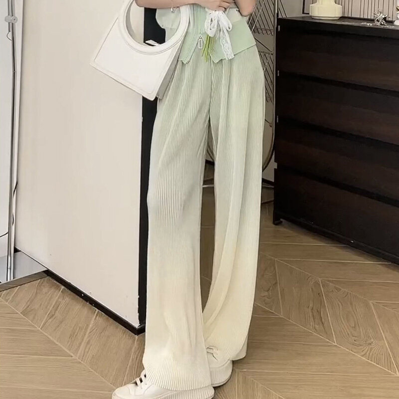 2023 Nova Moda Verão Hong Kong Estilo Gradiente Cor Plissada Casual Solta Versátil Cintura Alta Gota Calças de Perna Larga das Mulheres