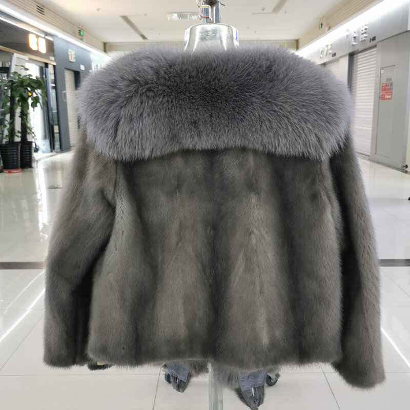 Moda invernale da donna 100% pelliccia di visone giacca intera in pelle calda giacca in pelle con collo in pelliccia di volpe naturale cappotto di lusso di alta qualità
