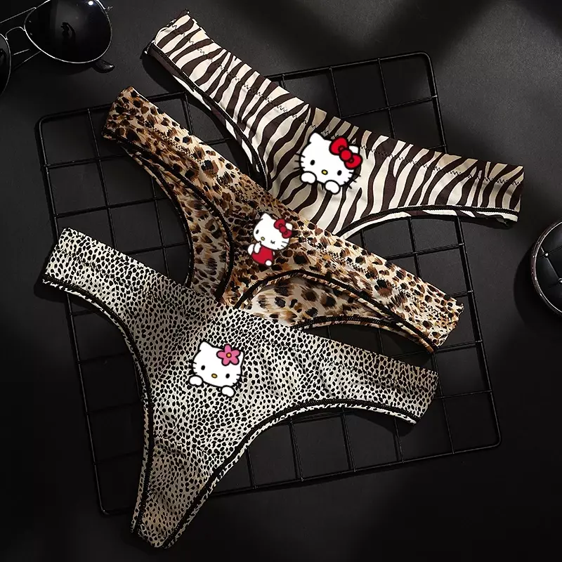 Sanrio-ropa interior Sexy de leopardo de Hello Kitty, Tanga sin costuras, ligero, de secado rápido, Kawaii, regalo de cumpleaños