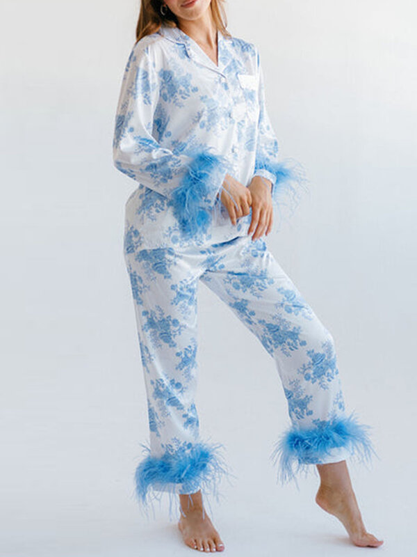 女性用フラワープリントのパジャマセット,ボタン付き長袖トップス,パッチワーク,パンツ,ナイトウェア