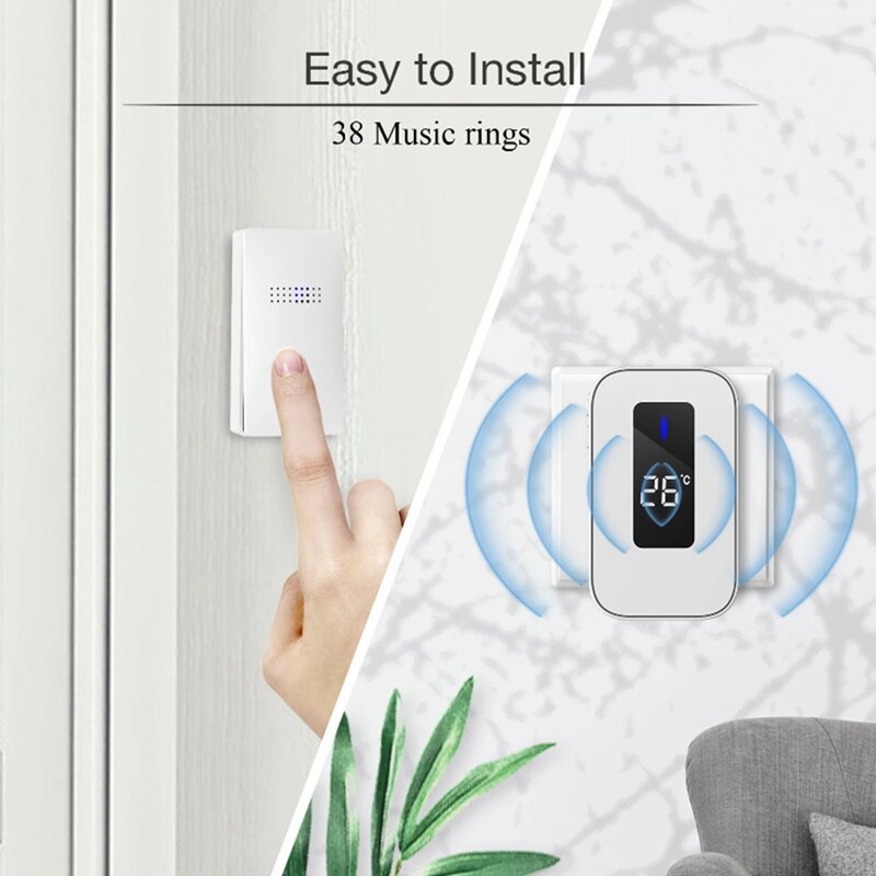 Wireless Doorbell Waterproof Self-Powered 38-Song Doorbell Set Home Outdoor Doorbell With Temperature Display