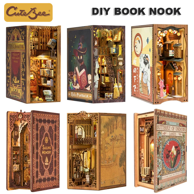 CUTEBEE – Puzzle 3D, Kit de bricolage de coin de livre, librairie éternelle, maison de poupée en bois avec modèle de construction de pharmacien magique légère, jouets pour cadeaux