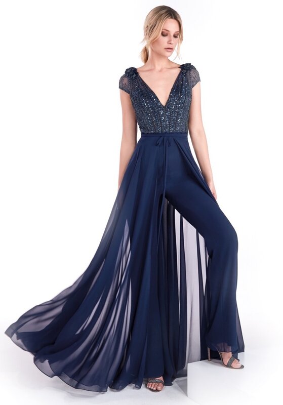 Frauen elegante Chiffon formelle Gelegenheit Kleid tiefen V-Ausschnitt lange Hose Abend Party kleid Mode Applikation Cocktail Ballkleider