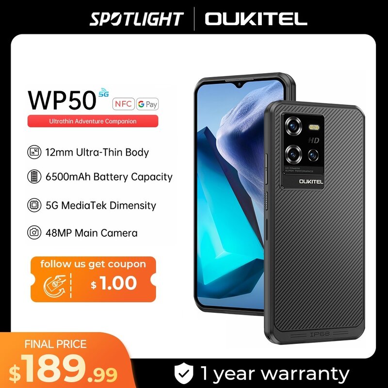 [Światowa premiera] Oukitel WP50 5G wytrzymały smartfon 6.60 "HD + 6500mAh 12GB + 256GB telefon komórkowy Android 14 48 MP NFC telefon komórkowy