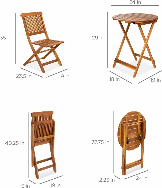 3-Piece Acacia Wood Bistro Set, Folding Patio Furniture for Backyard, Balcony, Deck w/ 2 Chairs, Round Coffee Table, Teak Finish