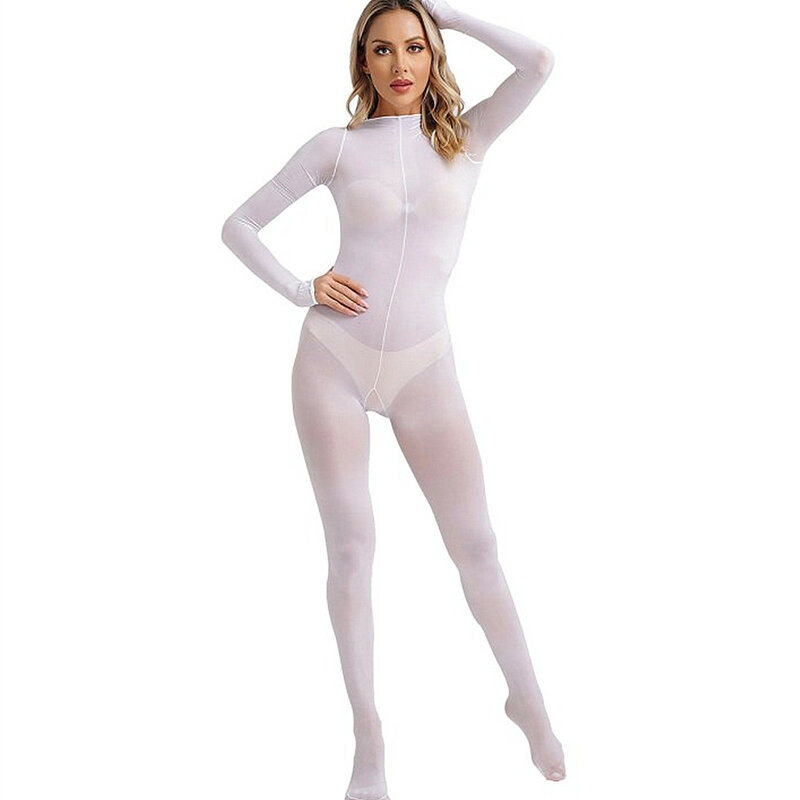 Bodysuit wanita Glossy Bodystocking tipis lengan panjang pembuka bokong penutup penuh Jumpsuit menggoda pakaian tidur