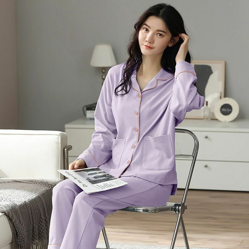 Fato de manga comprida feminino pijama 100% algodão, cardigã solto, roupa caseira casual grande, novo, primavera, outono, 2024