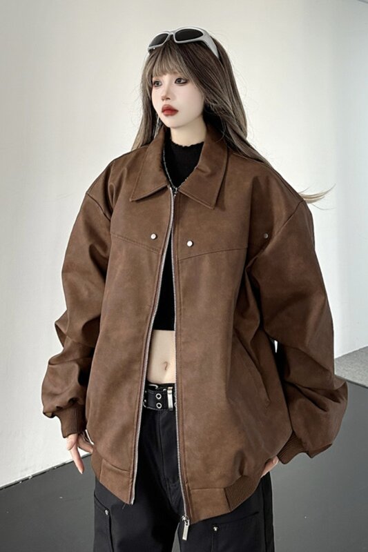 Brown Loose Jacket Women PU Leather Jacket And Women's Autumn Oversize High-end Rivet Jacket Trend