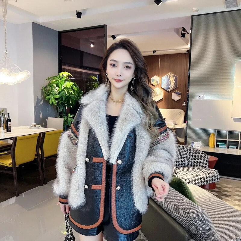 Autumn Winter Leather Jacket Women Faux Fur Coat Long Sleeve Vintage Streetwear Luxury Brand Thickened Jackets Buttons New