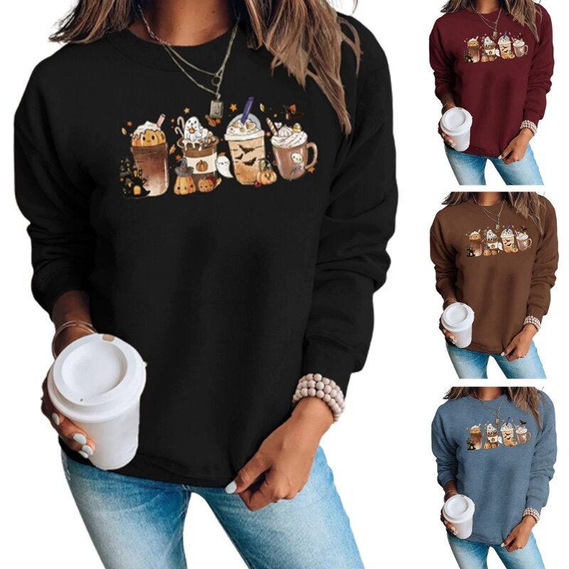 Stilvolle Halloween-Langarmpullover für Damen, bedruckte Sweatshirts mit Rundhalsausschnitt, Dropship
