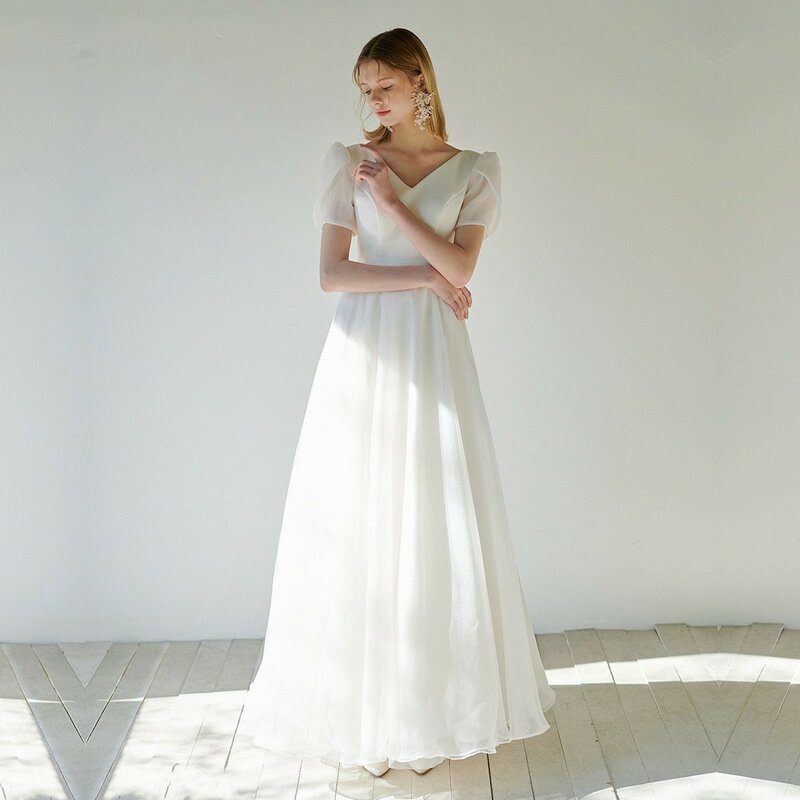A-line Satin Wedding Dress V-Neck Sheer Back Short-Sleeve Plus Size For Women Princess Robe de Mariee