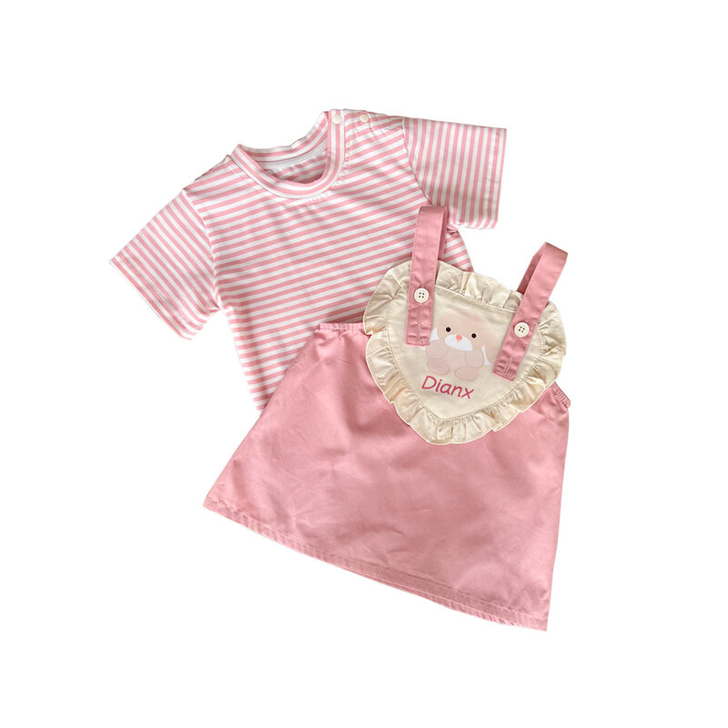 Summer Infant Girls 2PCS Clothes Set Striped Short Sleeve T Shirts Cartoon Bear Print Suspender Skirt Suit Newborn Girls Outfits