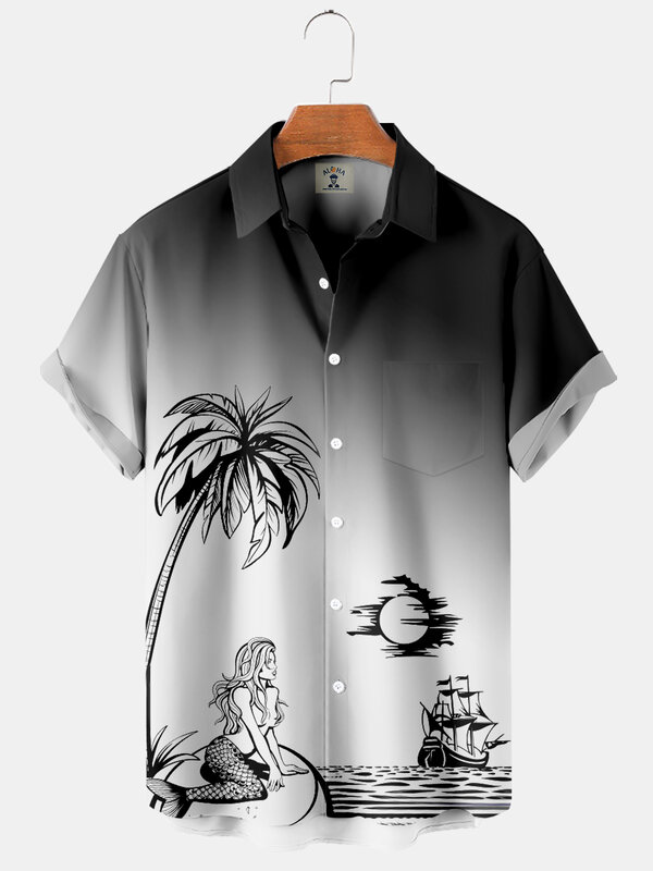 Nieuwe Zeemeermin Hawaiiaanse Zonsondergang Kokosnoot 3d Print Heren Korte Sociale Shirt Casual Stijl Bloemenblouse Designer Vintage Harajuku Cadiz