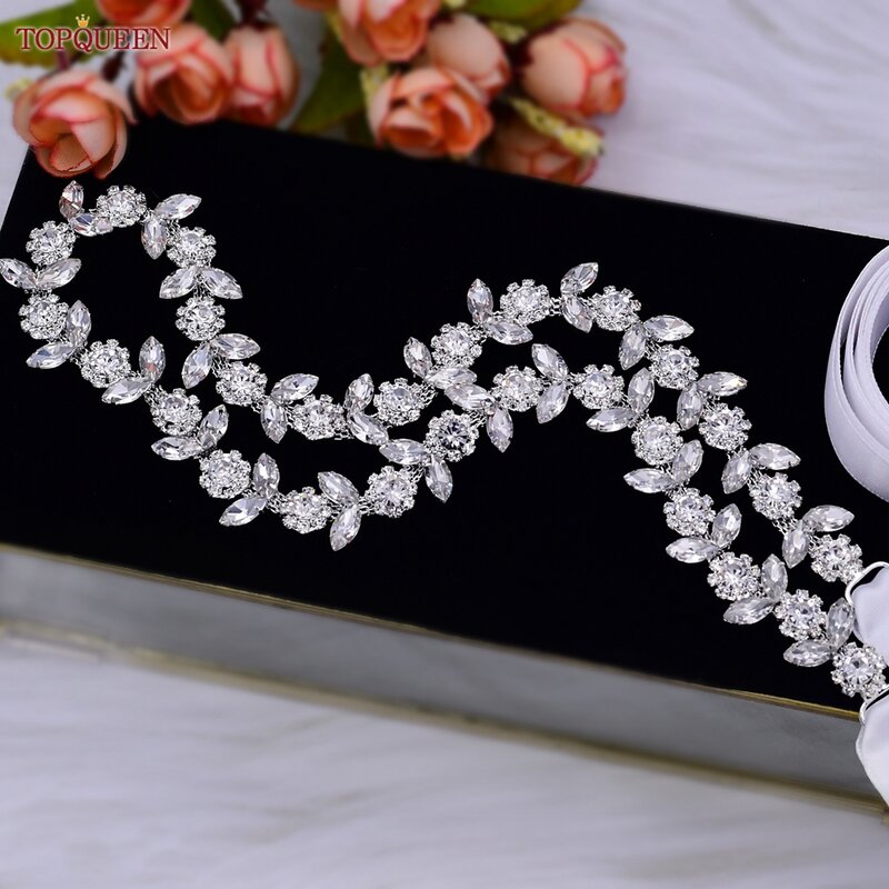 TOPQUEEN Rhinestone Belts for Bridal Dresses Silver Alloy Belt for Girls Cheap Diamond Wedding Belt Fancy Belt for Women S440