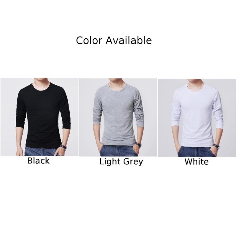 Camiseta slim fit de manga comprida masculina, tops casuais masculinos, gola redonda, branca, preta, cinza claro, fitness e esportiva