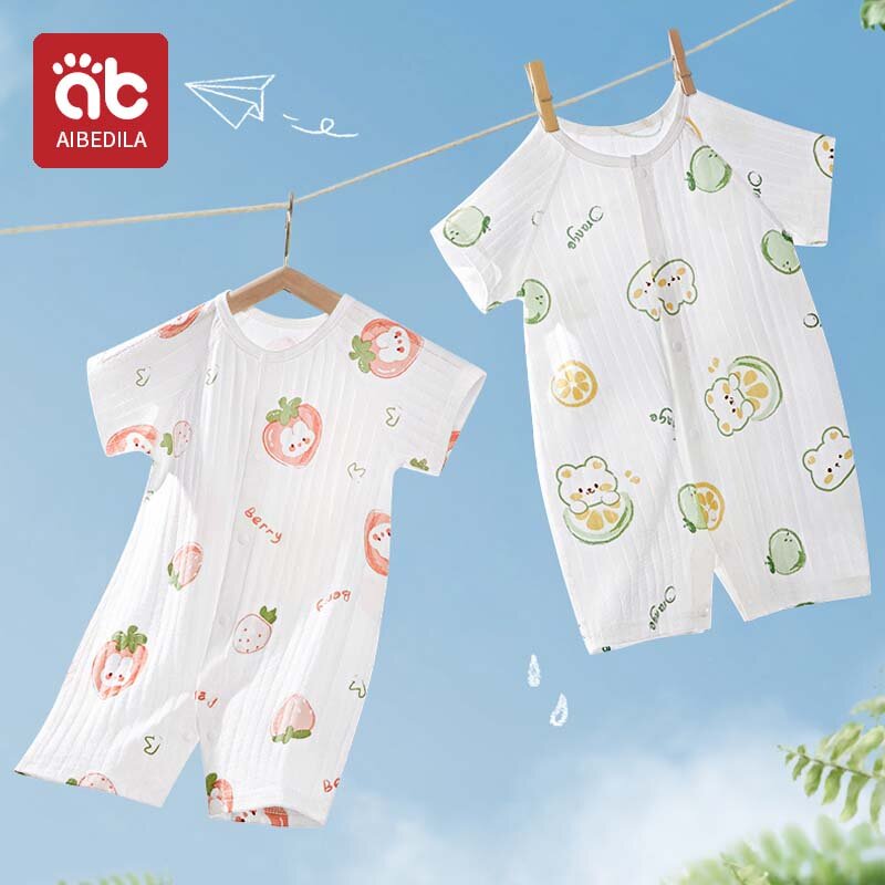 AIBEDILA letnia kombinezon dla noworodka śpiochy bawełniane z krótkimi rękawami ubrania dla chłopca i dziewczynki 0-18M dla dzieci, z nadrukiem Baby body body Baby Boy