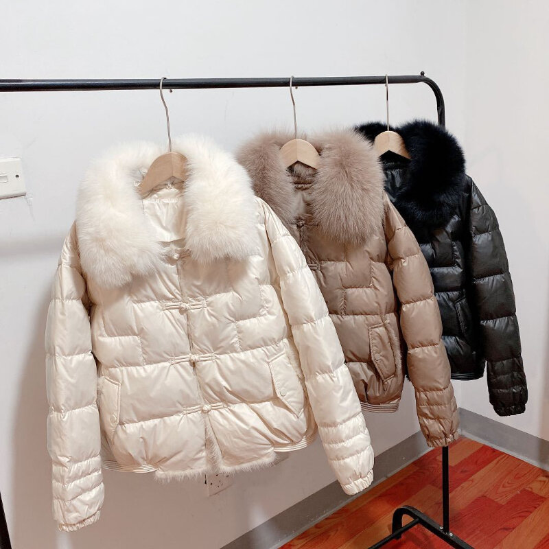 New Real Fox Fur Collar Winter Women 90%White Duck Down Coat Fashion Loose Elegant Parkas Ladies Short Warm Puffer Coat Female
