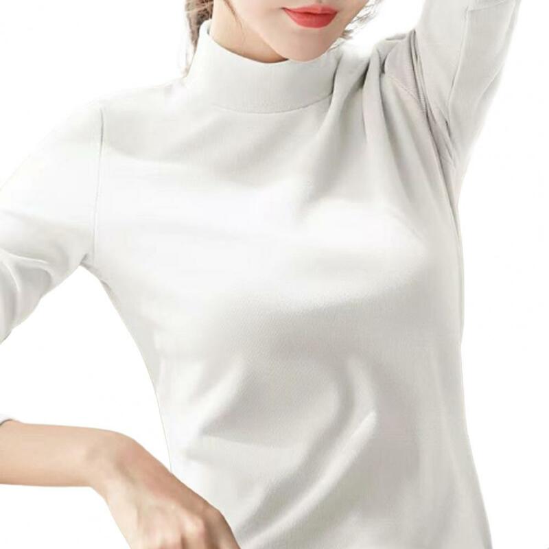 Pulôver feminino de manga comprida com gola meia alta, proteção para o pescoço, blusa grossa quente, blusa simples com fundo de vento, outono e inverno