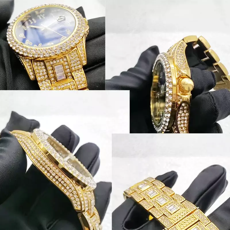 Iced Out-Reloj de pulsera de cuarzo dorado para hombre, cronógrafo de lujo, estilo Hip Hop, con diamantes, resistente al agua, envío directo