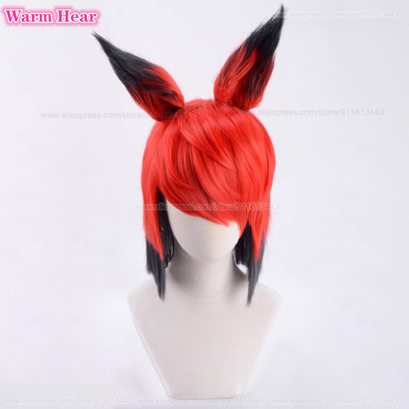 Wig Anime Hotel Alastor dengan telinga Cosplay Wig Anime Wig merah pendek hitam Wig tahan panas rambut sintetis Wig Pria Wanita + topi Wig