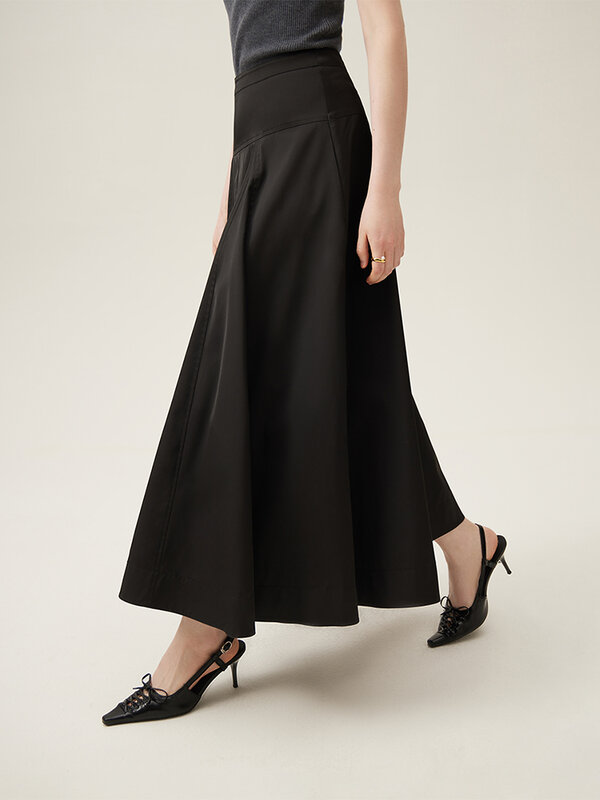 FSLE-تنورة طويلة مطوي بتصميم خصر بسحاب خلفي للنساء ، سوداء ، بطول الكاحل ، مزاجه ، أنثى ، 24FS11184