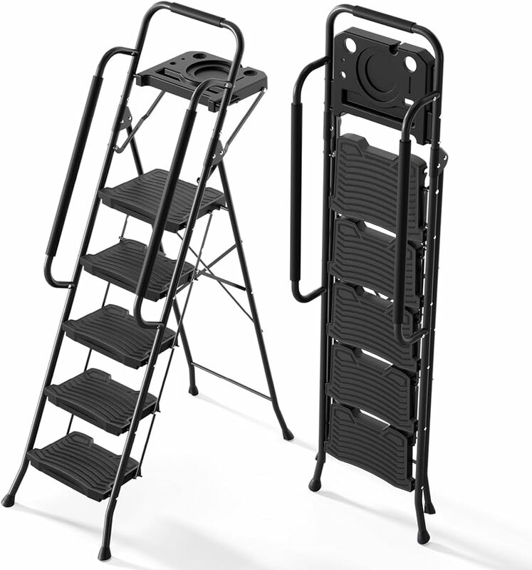 Kinruck tangga 5 langkah dengan alat, bangku langkah kokoh dengan pegangan tangga baja lipat dengan Pedal lebar