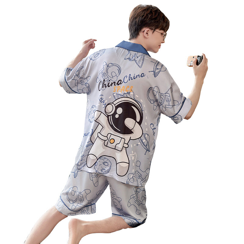 Summer Men Pajamas Set Adult Sleepwear Silk fabric Pyjamas Homewear Astronaut Pattern Korean Loose Short Sleeve Pijamas Leisure