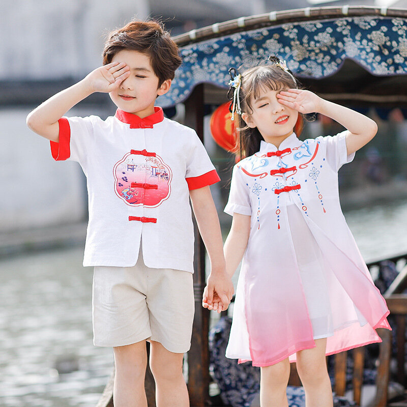 Robe d'été pour garçon et fille, costume traditionnel Oriental, imprimé floral, Style chinois rétro, Hanfu, pour enfants, pour spectacle et jeu de rôle