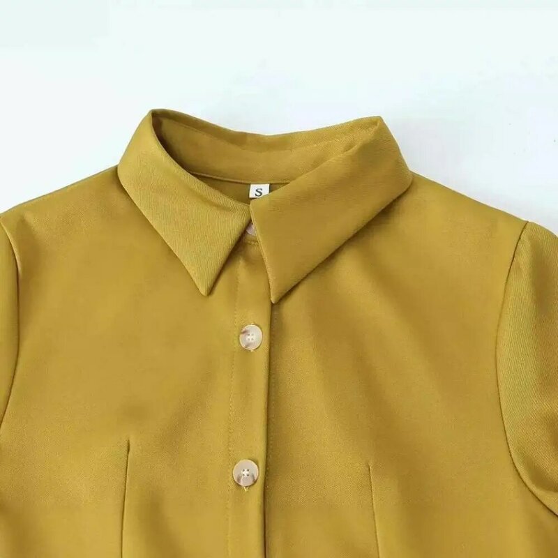 Lapel Long Sleeve Shirt Dress Woman Ginger Yellow Elegant Pleated Waist Mini Dress Spring Fashion Lady Casual Commuting Wear